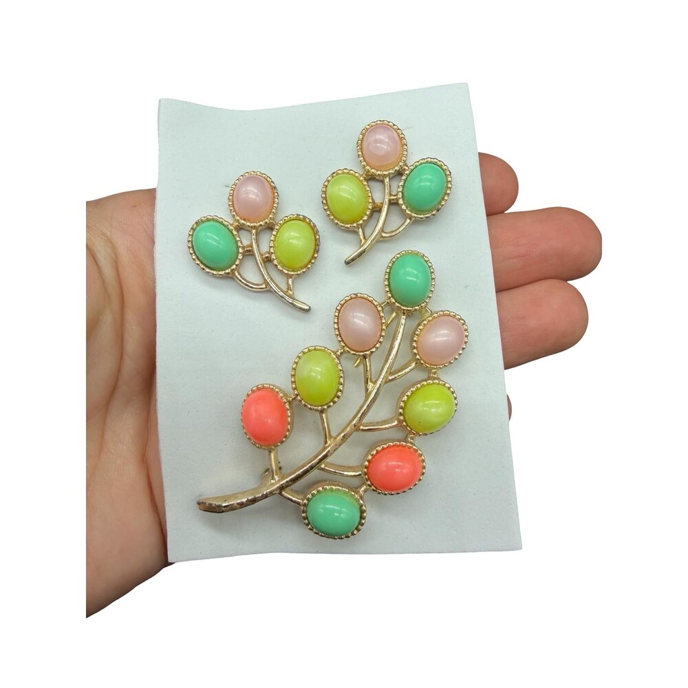 Sarah Coventry Multicolor Pastel Fruit-Branch Brooch and Clip Earrings Set